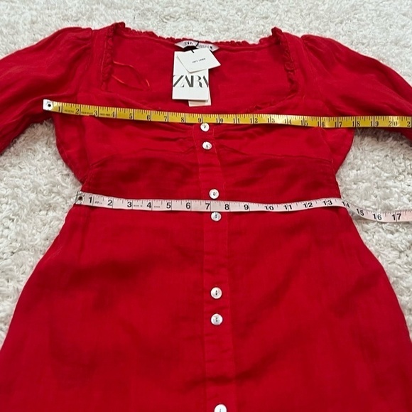 NWT Zara Red Linen Sweetheart Ruffle Mini Dress Button Accent Pullover Medium - Picture 10 of 12